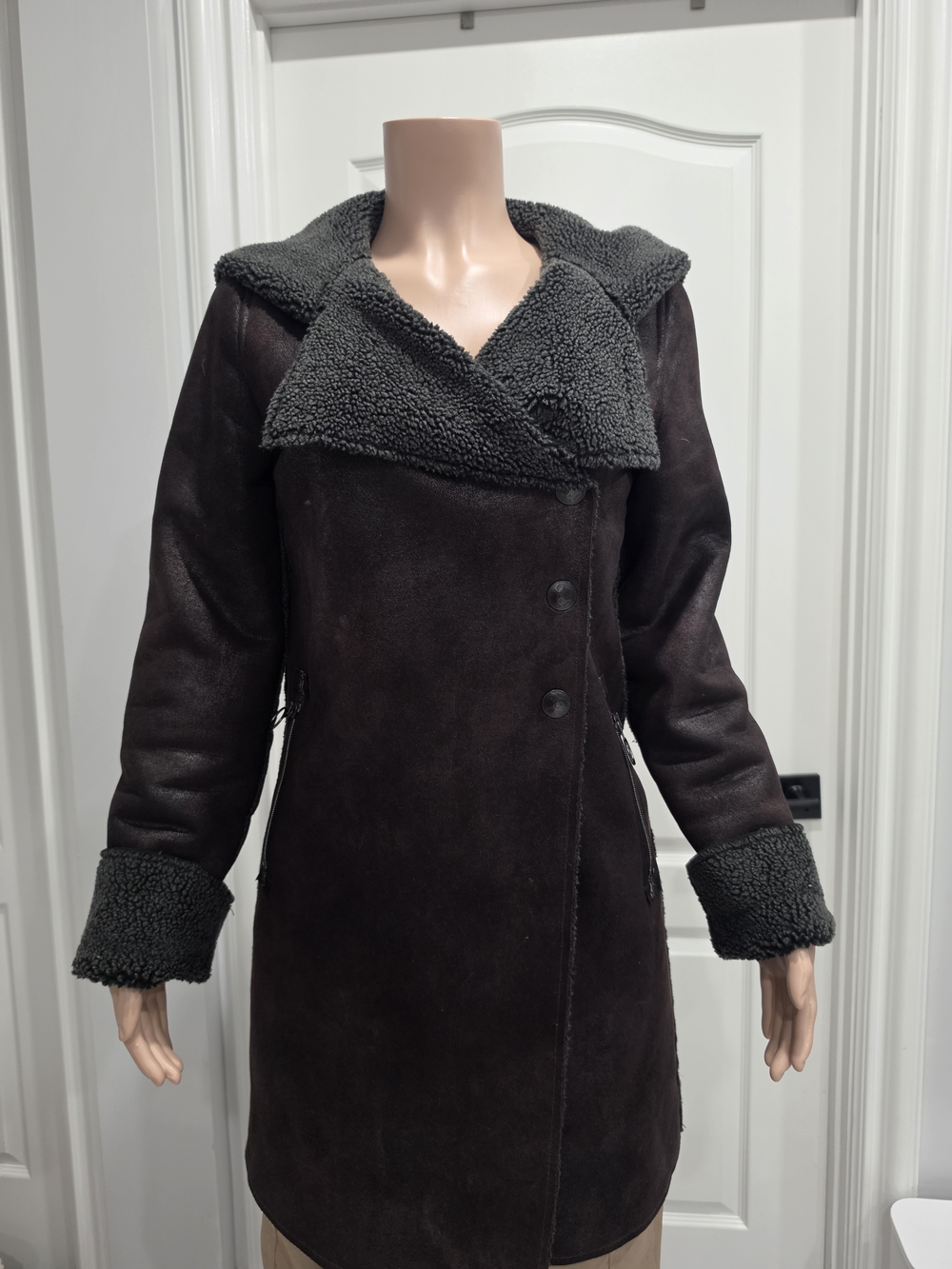 Cop.Copine Dark Brown Faux Shearling Trench Coat with Gray Lining